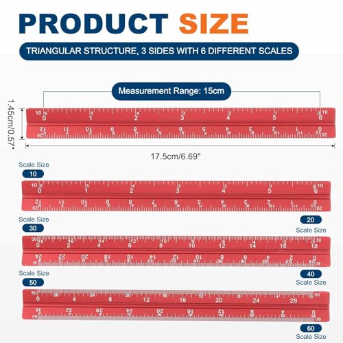 HARFINGTON 2Pcs Architectural Scale Ruler 7" Large Scale Laser Red - color: Red, size: 7 Inch