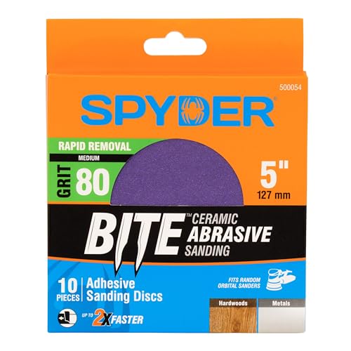 Spyder 10-Pack 80 Grit Sanding Discs, Ceramic with Stearate, 5-Inch Self Stick Adhesive PSA, for Random Orbital Sander (500054) - style: 80 Grit