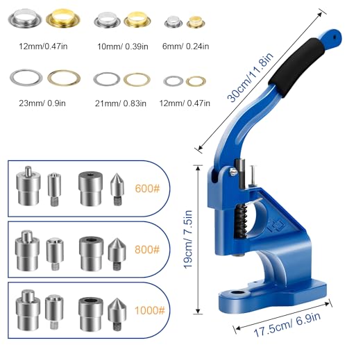 Eyelet Hole Punch Kit Grommet Tool Kit Hand Press Heavy Duty Eyelet Grommet Machine with 3 Grommet Setting Dies & 3 Hole Punching Dies and 3000Pcs Silver & Golden Eyelets and Grommets 6/10/12mm