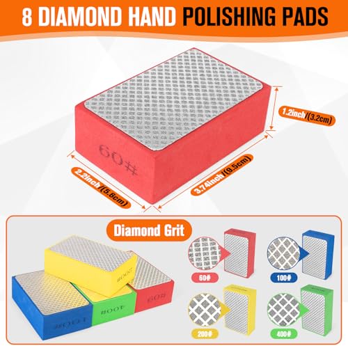 GDDGHS 8Pcs Diamond Hand Polishing Pads, 60/100/200/400 Grit 4-in-1 Diamond Sanding Pads for Wet/Dry Use, High Hardness Diamond Abrasive Sanding Blocks for Tile Glass Marble Wood Metal Concrete - size: 8PCS Diamond Hand Polishing Pads