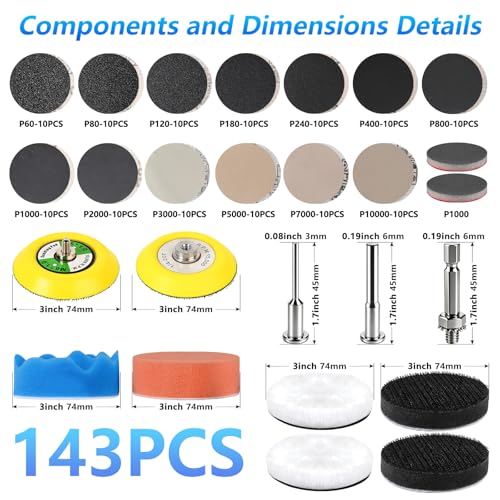 143 PCS 3 in Drill Polishing Kit 60-10000 Grit Hook and Loop Sanding Discs
