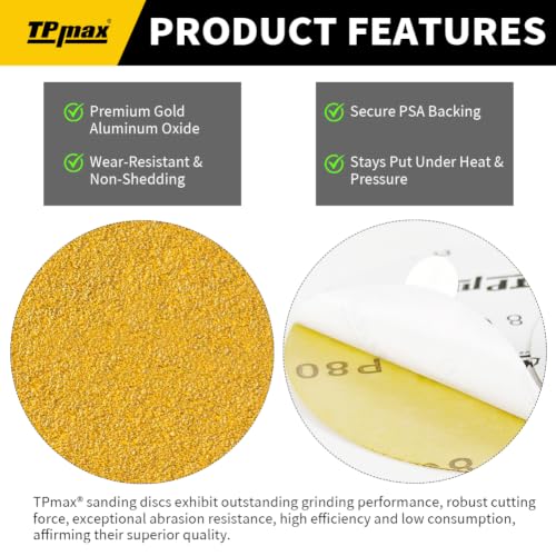 TPmax 6-Inch 220-Grit Gold PSA Sanding Discs, 50 Pack – Pro-Grade Self-Adhesive Stickyback Sandpaper with Quick-Release Tabs for DA Sander, Fine Automotive/Wood/Metal Sanding - style: 220 Grit