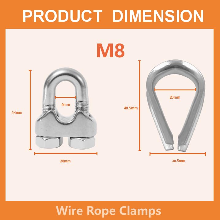 12 Pcs M8 Cable Clamps,Wire Rope Clamp,4 Pcs 5/16" Thimble - color: silver, size: M8