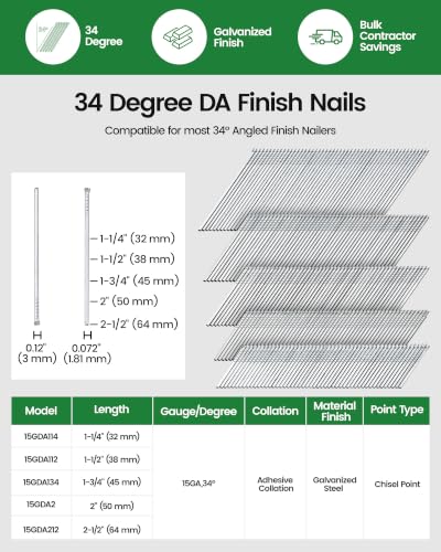 meite 15 Gauge Angled Finish Nails 2-1/2 Inch 34 Degree Galvanized 4,000PCS - size: 2-1/2" Leg, style: 2 Boxes (4,000PCS)