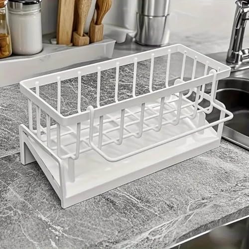 Kitchen Sink Storage Rack - Integrated Sponge Holder & Countertop Organizer for Dishcloth, Soap & Brushes - Space-Saving Kitchen Rack - White - color: Plastic(white)