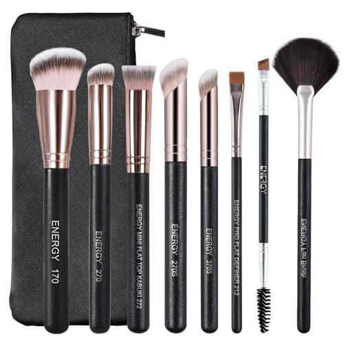 ENERGY Makeup Brush Set - 8PCS Professional Makeup Brushes for Foundation, Concealer, Eyeshadow, Blending, Contour, Powder, Eyeliner, Vegan Synthetic Fiber, Portable Travel Kit with Case (Black) - style: makeup brush set 8pcs