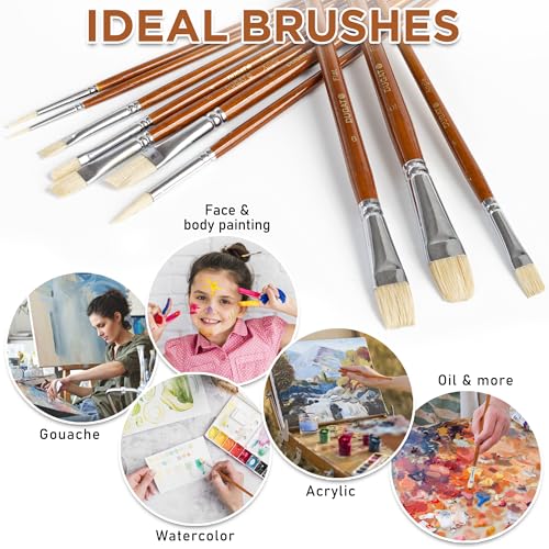 DUGATO Short Handle Artist Paint Brush Set, 10-Piece Hog Hair Bristle - color: Brown