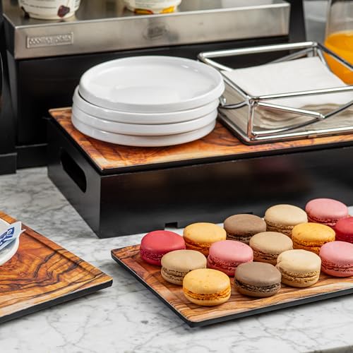 TableCraft Serving Tray, 10.375" x 6.375" x 0.625" Black Melamine with Olivewood Decal, Fits Fourth Size Gastronorm Crates, Decorative Professional Serving Surface for Catering, Buffet, and Display