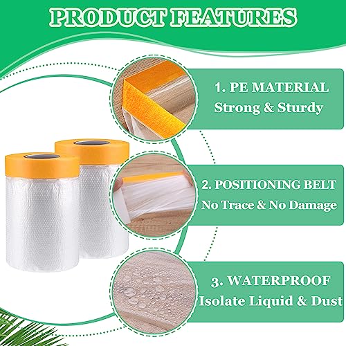 4 Rolls Pre-Taped Painting Masking Film, 3 Sizes