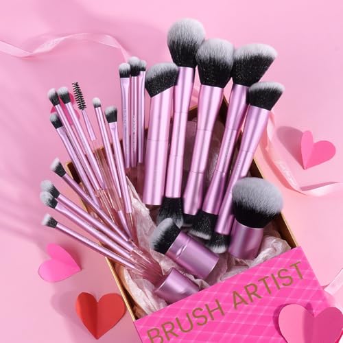 MAANGE 20 PCS Foundation Makeup Brush Set, Double-ended Kabuki Contour Brush for Liquid Powder Concealer Blending Blush Buffing Makeup Tools (Pink) - color: 20 Pcs - Pink, size: Full Brush Set