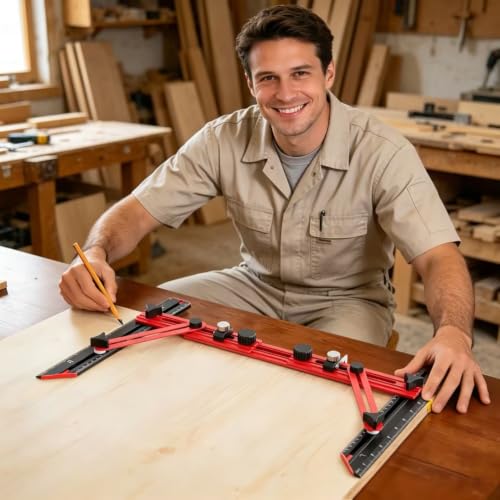 Stair Tread Template Tool with Triangular Brace and Edge Flip Stops - color: LTC-Red Black