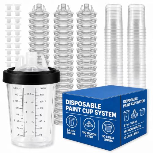 Disposable Paint Spray Gun Cup Liners and Lid System, 50 Pack Mini Size 6 Ounce (200ml) Kit - Paint Spray Gun Cups 50 Cup Liners, 50 Lids with Strainer, 1 Hard Cup with Retainer Ring and 20 Plugs