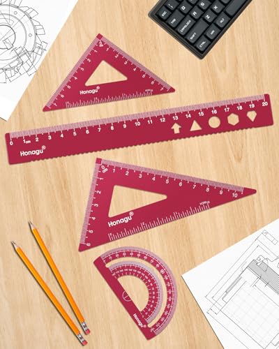 Honagu Triangular Ruler Set, 4 Pieces Aluminum Alloy Ruler, Metal Drafting Ruler, Geometric Protractor for Students,Teacher, Draftsmen, Engineers,Gift Stocking Stuffers for Kids (20cm/7.87inches, Red) - color: Red, size: 20cm