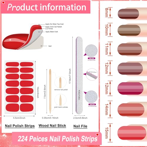 224PCS/16 Sheets Nail Polish Strips - Red Solid Color Gel Nail Stickers Full Nail Wraps UV Free | Easy to Stick | Adhesive Sticker Nails for Women with 1 File, 1 Cuticle Stick