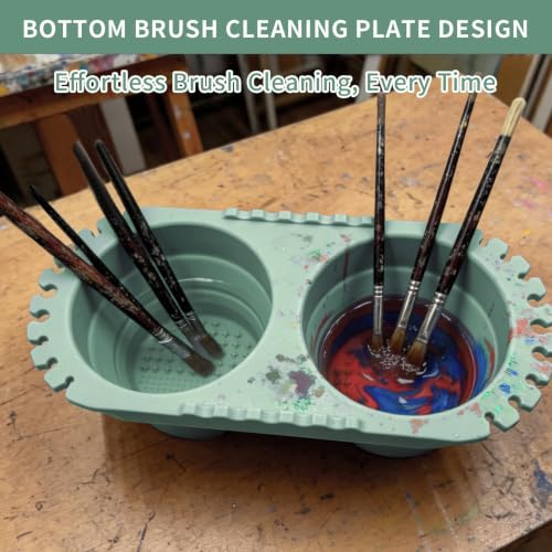 Paint Brush Cleaner Cup, Foldable Silicone Brush Cleaning Rinse Cup with Dual Compartment Cleaning Container and Brush Holder for Acrylic, Watercolor & Art Supplies - color: Green