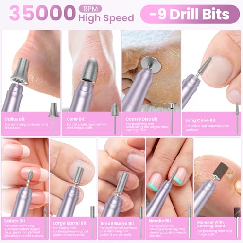 Hoxida Cordless Nail Drill 35000RPM , Rechargeable Nail File LCD Display - color: Purple