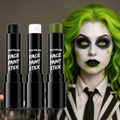 BADCOLOR 3PCS Black White Orge Green Face Body Paint Stick Makeup for Frankenstein/Witch/Grinch/Hulk/Alien/Demon/Evil Clown SFX Cosplay & Dress Up, Full-Coverage Halloween Facepaint Makeup Kit - color: 3PCS Frankenstein