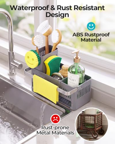 Nieifi Sponge Holder, Grey Rustproof ABS Sink Caddy with Towel Rack - color: Gray