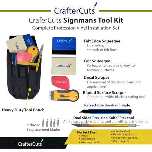 CrafterCuts Signmans Tool Kit – Professional Vinyl & Decal Installation Tool Set with Tool Pouch, Felt Squeegees, Scrapers, Precision Knife with Pick Tool, Breakaway Blade & Replacement Blades
