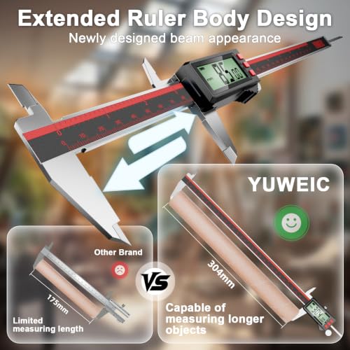 Digital Caliper 12 Inch, Rechargeable Calipers with LCD Screen, Inch/MM/Fraction, Stainless Steel Vernier Caliper Measuring Tool for DIY, Household, Jewelers Tools, 3D Printer - size: 12 Inch