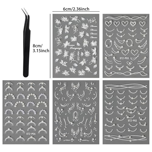 5 Sheets Emboss White Pearl Nail Stickers with Tweezers French Tip Lace Design Decals Romantic Self-Adhesive Slider Manicure Decoration Nail Art Supplies for Women
