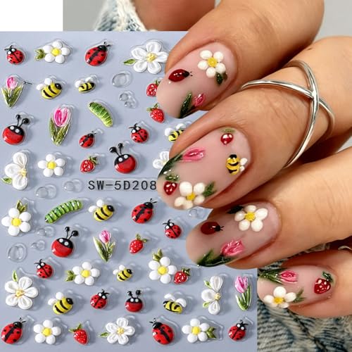 Flower Nail Art Stickers Decals 6 PCS 5D Embossed Hibiscus Decals for Nails Art Lily Hibiscus Starfish Jellyfish Daisy Bee Ladybugs Designs Summer Tropical Floral Nail Decoration for Women - style: 5D Hibiscus Flower