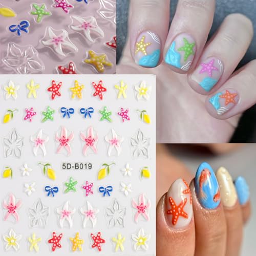 2Pcs Summer Nail Art Stickers 5D Embossed Self-Adhesive Nail Decals Starfish Bow Flower Sea Nail Design Stickers Summer Beach Theme Nails Art Supplies for Women Manicure Decorations - style: starfish flower