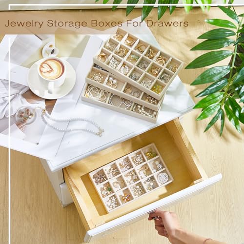 Junkin 12 Pcs Velvet Jewelry Organizer Tray, Stackable Storage - color: Beige
