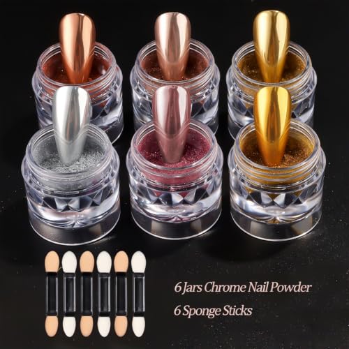 6 Jars Magic Mirror Chrome Nail Powder Silver Gold Chrome Powder for Nails