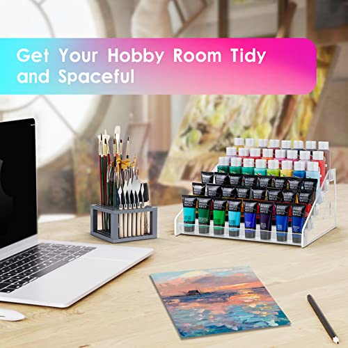 6-Layer Acrylic Organizer with Brush Holder, Easy Assembly Storage Rack for Craft, Hobby & Miniature Models, Light Can Holder, Gray