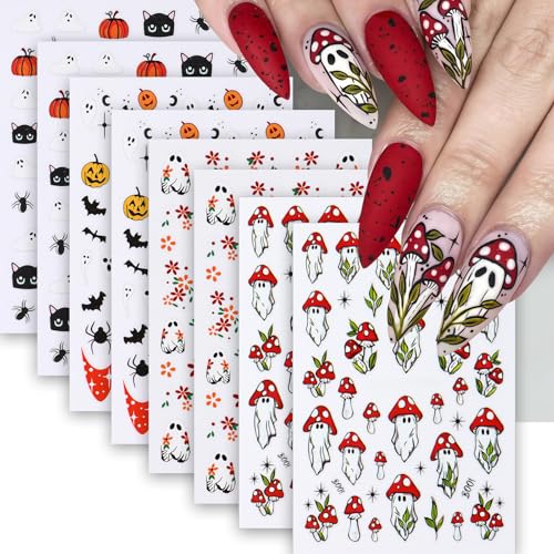 8Pcs Halloween Nail Art Stickers Decals Cute Ghost Pumpkin 3D Self Adhesive Nail Decals Flower Spooky Mushroom Ghost Nail Design Pumpkin Cats Spider Bats French Manicure Supplies for Women Nail Decor - style: bats