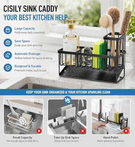 Kitchen Sink Caddy Organizer with Sloped Drain Tray, Black Sponge Holder with Utensil Holder Chopstick Cup, Fast Drain Drying Rack for Brush Soap Dispenser Countertop Storage