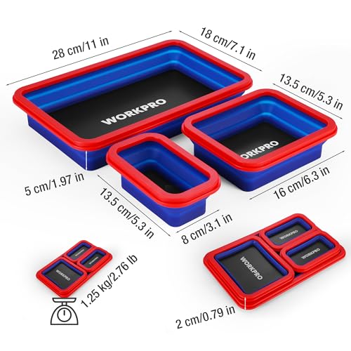 WORKPRO 4PC Collapsible Magnetic Parts Tray Set, Double-Sided Magnet Bowl