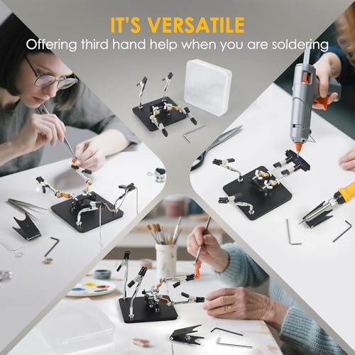 Helping Hands Soldering Station Holder with Iron Holder, Third Hand Tool with 4×4" Metal Non-slip Base, Storage Box and Adjustable Arms, Clamp Stand for Electronics, PCB Repair and DIY, Craft