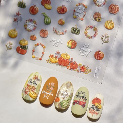 1 Sheet Pumpkin Nail Stickers Autumn Pumpkin Nail Decals 5D Embossed Pumpkins Nails Designs Thanksgiving Nails Decorations Garland Leaf Nail Art Stickers for Women DIY Manicure Supplies - color: Thanksgiving Pumpkin