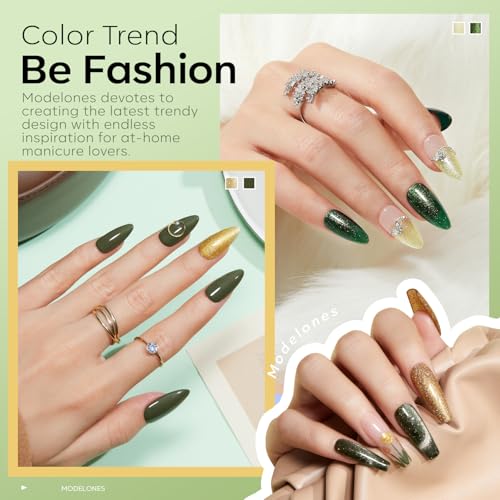 modelones Green Gel Nail Polish Set, 6 Colors Cat Eye Giltter with Magnet - color: A-1-Emerald Lime