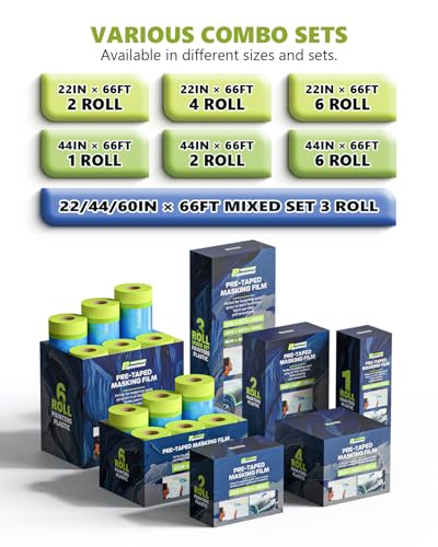 Pre-taped Automotive Masking Film for Painting - 22" x 66', 2 Rolls - size: 2 Rolls of 22" x 66'