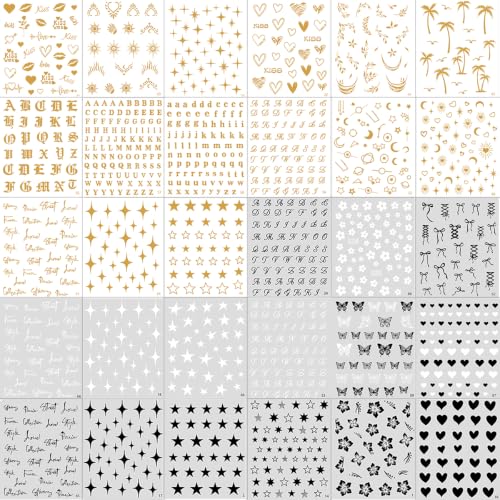 3D Nail Art Stickers Set, 30 Sheets Self-Adhesive Black White Gold Nail Decals Kit with Tweezers Star Heart Flower Letter Bow Design Supplies Accessories for Women DIY Manicure Decoration