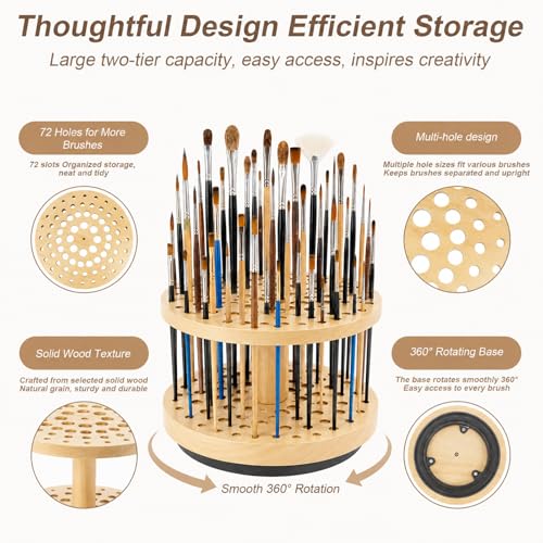 360° Rotating Paint Brush Holder, 72-Hole Hardwood Desk Organizer