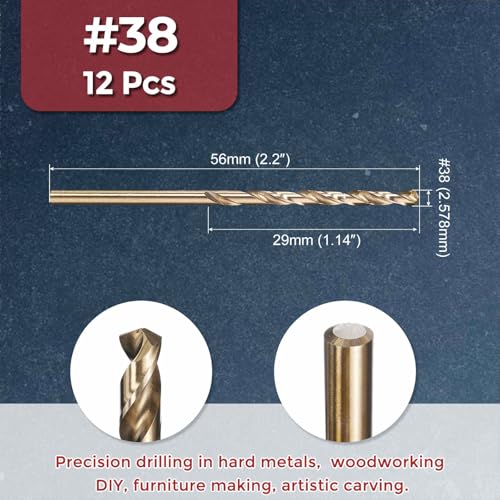 12pcs Micro Drill Bit #38 Diameter 2.578mm M2 HSS 135° for Metal - size: #38 (2.578mm)