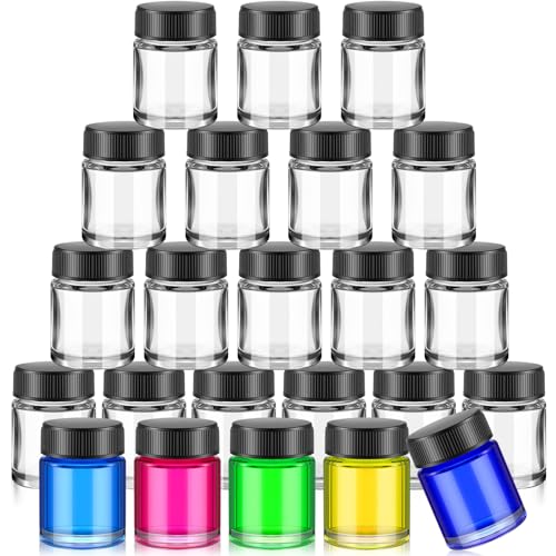 Teenyyou 24 Pack Airbrush Glass Jar Bottles 3/4 Ounce (22cc) Empty Replacement Jars with Plastic Lids Paint Storage Bottles for Pigment Screw into Siphon Feed Airbrush Lid Adaptor Assemblies