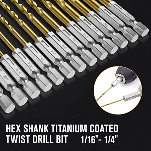 13Pcs(1/16" - 1/4") Hex Shank Titanium Twist Drill Bit Set - size: 1/16" - 1/4" - 13pcs HSS