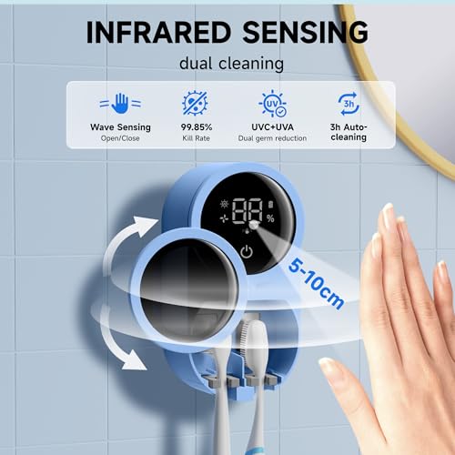 Wall-Mounted Toothbrush Holder for Bathroom, Proximity Sensor Toothbrush Cleaner, Compatible with Most Toothbrush Models, LED Smart Screen, Heating Film Drying, Rechargeable (02Blue) - color: 02blue