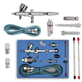 Pinkiou Airbrush Kit with Different Nozzle and Needles Muti-Purpose Dual Action Airbrush Sets with Air Brush 0.2 0.3 &0.5mm Needles and Air Hose for Hobby Model Painting Tattoo Cake Nail Art - color: silver