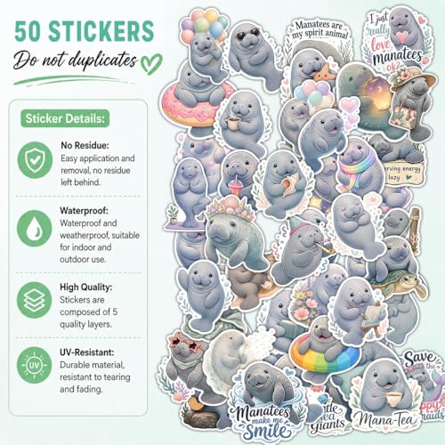 Vybonz Manatee Stickers Cute Sea Cow Marine Animal Decal Pack - color: Manatee