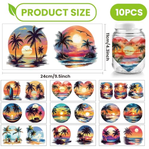 arricraft 10 Pcs Hawaii Theme Cup Printing UV Transfer Papers, 10 Styles Coconut Trees Ocean UV DTF Cup Wrap Stickers for 16 OZ Glass Cups Crafts 9.5x4.3inch - style: Colorful Hawaii Theme