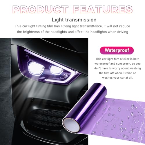 Car Headlight Vinyl Film Sticker Sheet Roll, 12"×48" Self-Adhesive Sticker for Tail Lights Fog Lights, Air-Release Wrap Film Roll with Squeegee & Cutter, Car Accessories (Purple) - color: Purple
