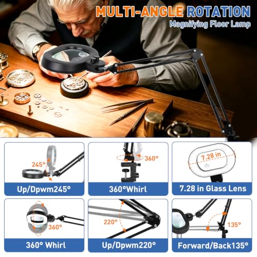 Floor Magnifying Glass with Light, 4 Wheel Stable Stand Base 12X 30X - color: Black