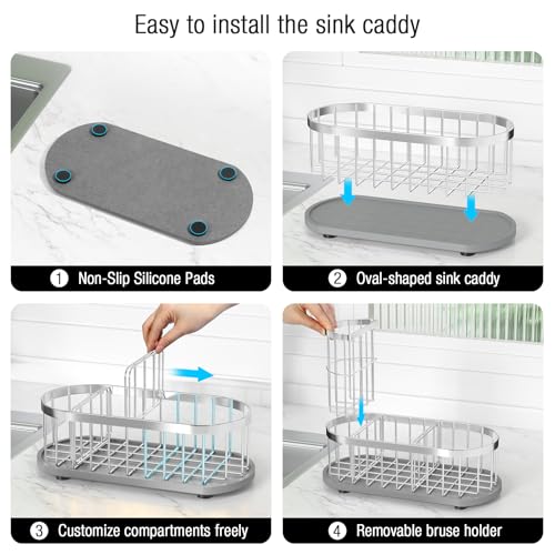 Sink Caddy Sponge Holder for Kitchen with Stone Drying Mat & Brush Holder - color: Silver