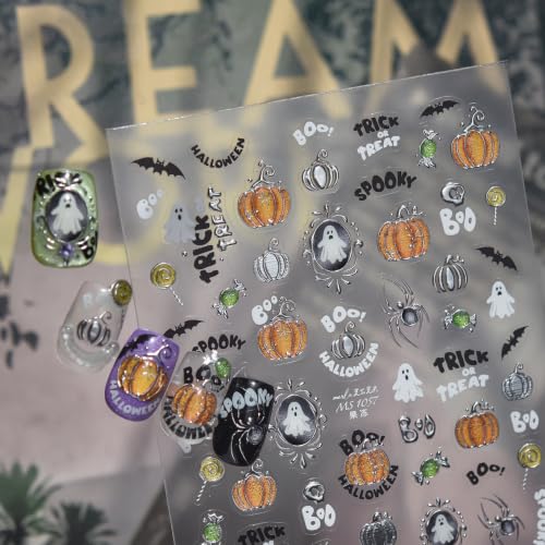 1 Sheet Halloween Nail Art Stickers 5D Embossed Self Adhesive Nails Decals Cute Ghost Pumpkin Nail Sticker Frame Ghost Pegatinas Uñas Silver Bats Spider Manicure Sliders for Women Nails Decoration - color: Halloween Ghost Pumpkin